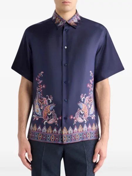 Копринена риза Etro с принт с пейсли десен синьо