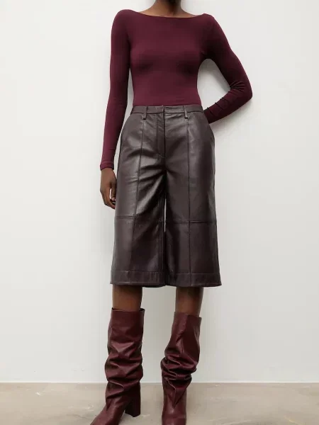 Answear.LAB pantaloni de piele lat high waist bordo