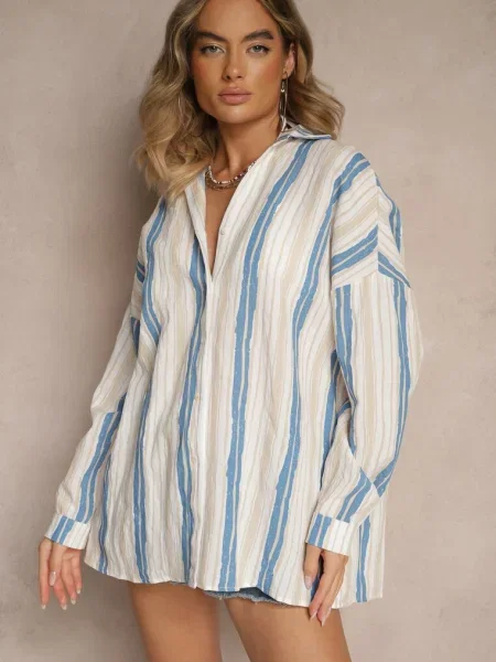 Cămașă Casual din în Dungi Sileata Bej-Bleumarin bej