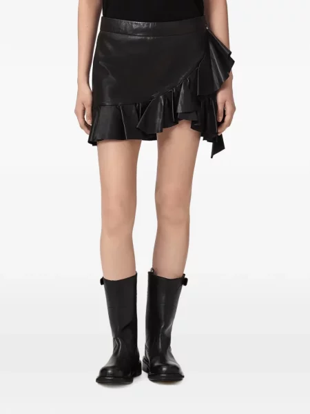 Fustă din piele Allsaints cu volane negru