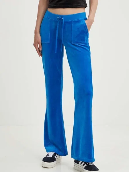 Кадифен спортен панталон Juicy Couture CAISA LOW RISE PANT с изчистен дизайн синьо