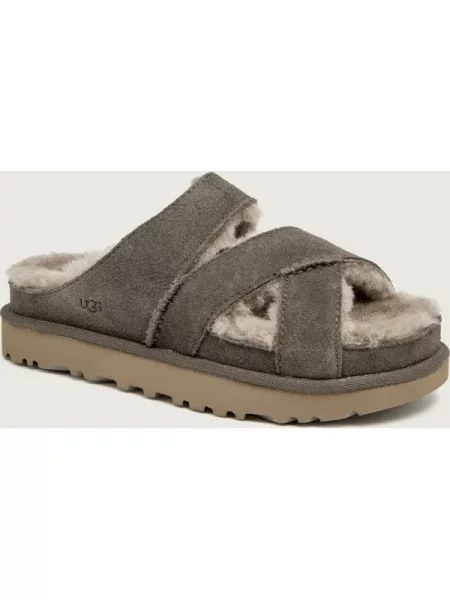 UGG Căptușite șlapi W GREENPORT CROSS STRAP SLIDE | piele întoarsă zamsz | cu adaos de lână gri