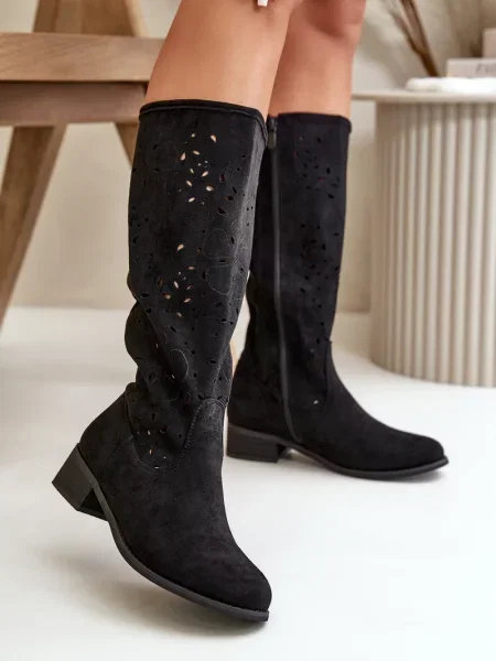 Botine Kesi din piele de căprioară cu toc jos ajurate negru