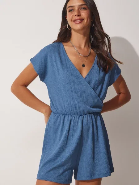 Dzianinowy kołnierzykowy kombinezon Happiness İstanbul niebieski