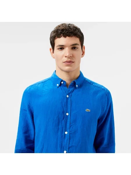 Lacoste Lniana Koszula Button-Down Regular Fit niebieska