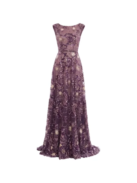 Rochie maxi Saiid Kobeisy cu broderie din tul violet