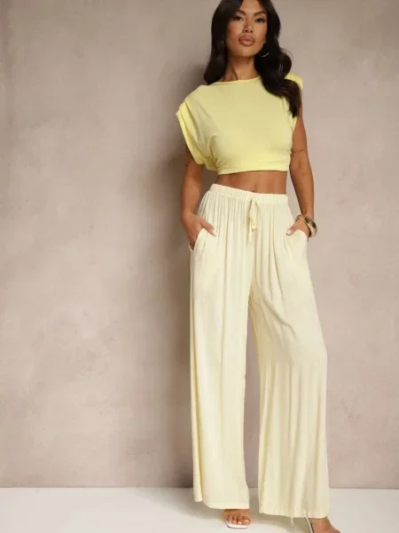 Jasnożółte Szerokie Spodnie High Waist z Gumką w Talii Ilnena żółte