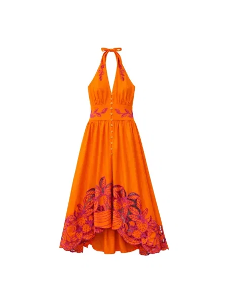 Lniana sukienka midi Farm Rio pomarańczowa