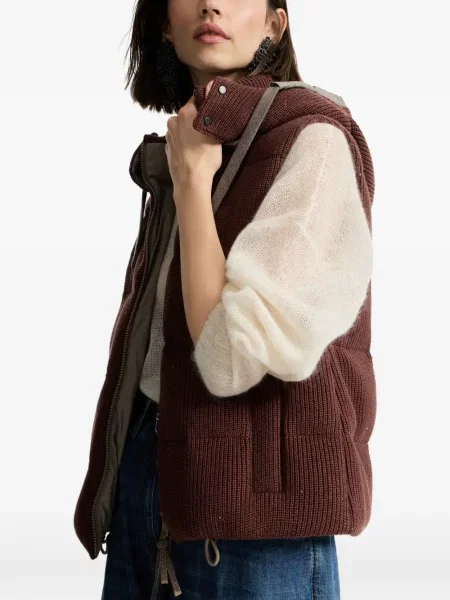 Dzianinowa kamizelka puchowa Brunello Cucinelli z kapturem czerwona