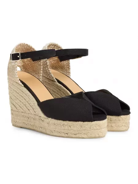 Espadryle Castaner skórzane na koturnie wiązane czarne