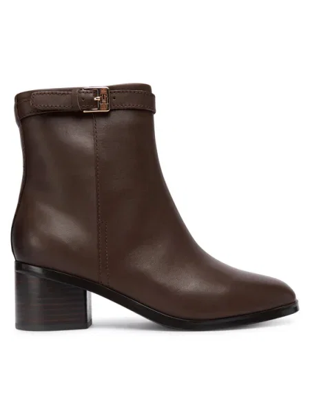 Кожени боти Tommy Hilfiger TH BUCKLE RIDING MID HEEL BOOTIE с дебел кафяво