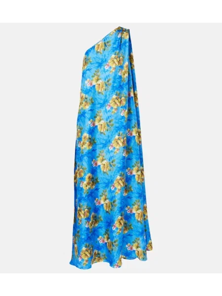 Jedwabna sukienka maxi La Doublej w kwiatki garniturowa niebieska