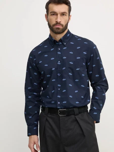 Риза Boss Orange мъжка тъмносиньо със стандартна кройка с яка с копче оранжево