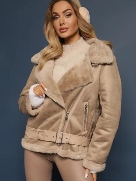 Geacă biker cu blană decorativă și cordon cu cataramă Emaro bej
