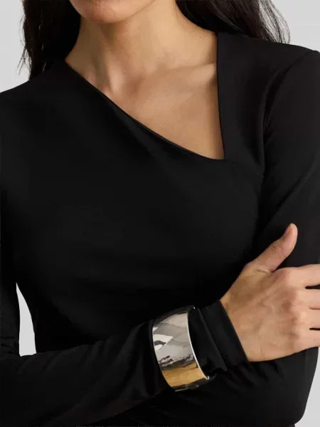 Bluzka z długim rękawem o kroju slim fit z asymetrycznym dekoltem Lauren Ralph Lauren czarna
