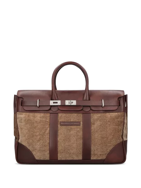 Geantă crossbody Brunello Cucinelli din piele cu model herringbone maro
