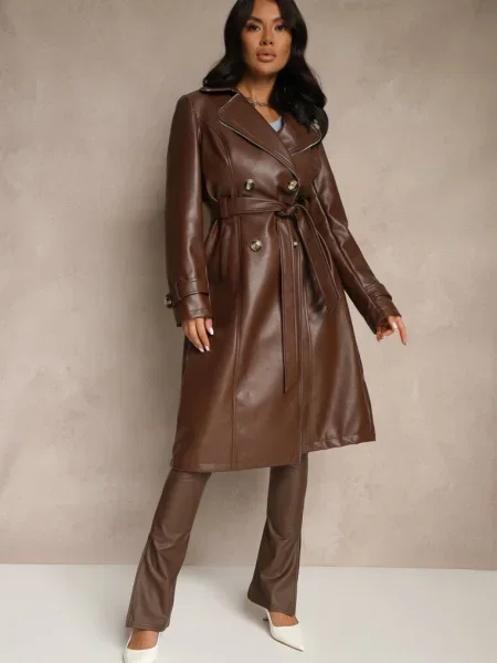 Płaszcz Trencz z Ekoskóry o Dwurzędowym Kroju z Nilianis brązowy