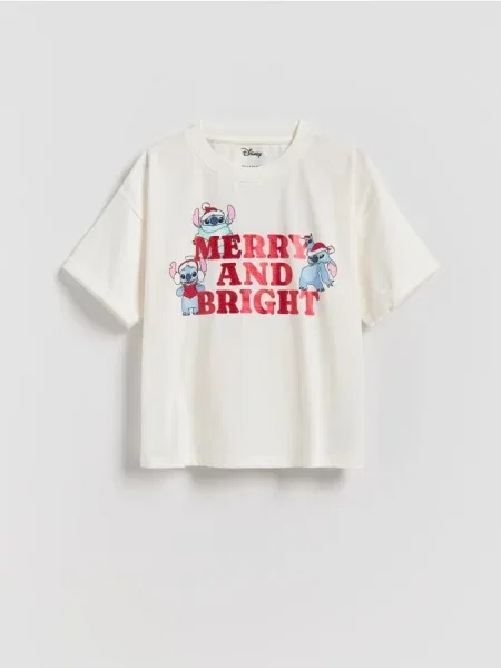 Reserved Świąteczny t-shirt Lilo i Stitch złamana biel