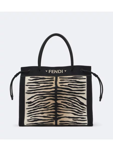 Geantă shopper Fendi cu broderie cu dungi de tigru bej