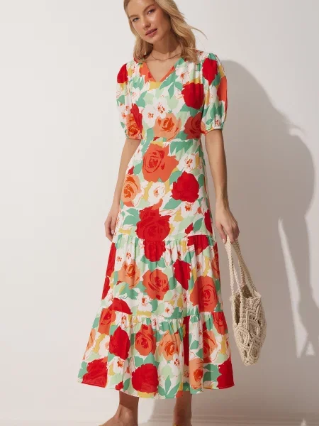 Rochie Happiness İstanbul cu model floral țesută roșu