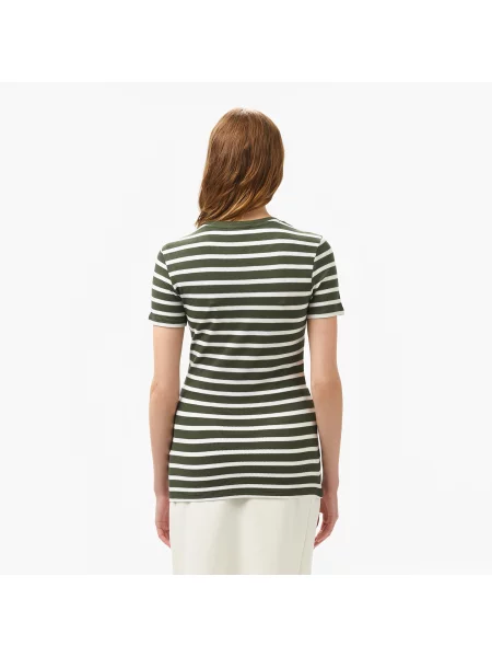 Lacoste T-Shirt Z Okrągłym Dekoltem W Paski Slim Fit Ciemnozielony zielony