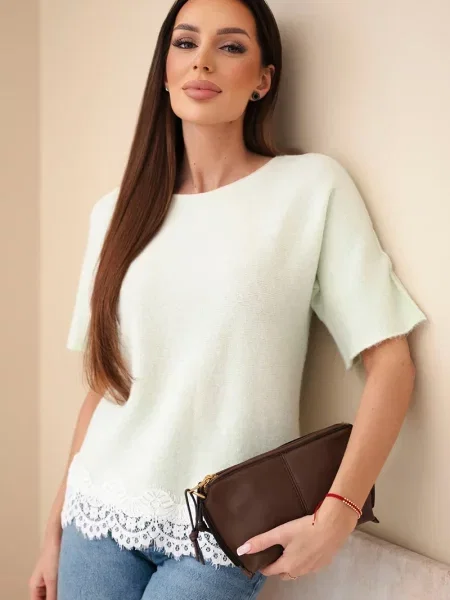 Pulover Kesi Włoski din dantelă alb