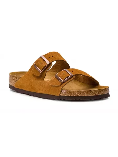 Klapki Birkenstock zamszowe na sprzączkę brązowe
