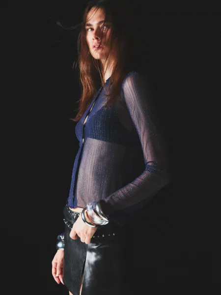 Bershka Koszulka Z Długim Rękawem Z Tiulu Z Błyszczącymi Elementami Kobieta L Granatowy