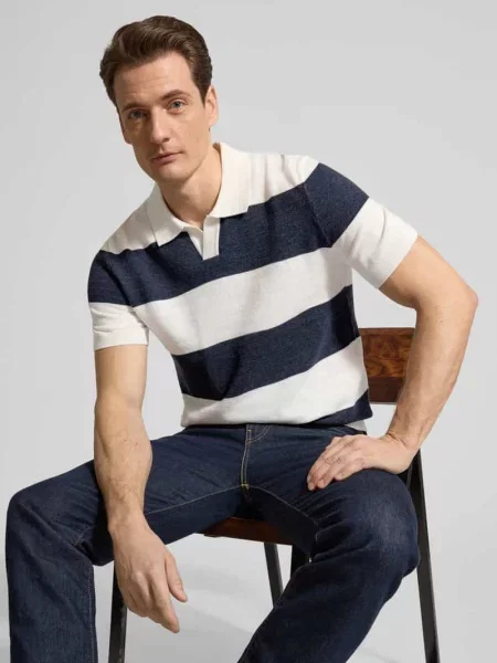 Koszulka polo o kroju slim fit z imitacji dzianiny z mieszanki bawełny Olymp Level Five granatowe