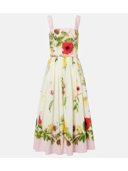 Cu centură rochie midi Oscar De La Renta cu model floral din poplin alb