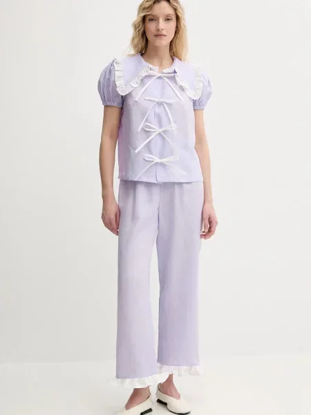 Льняні штани The Sleeper прямі висока посадка фіолетовий