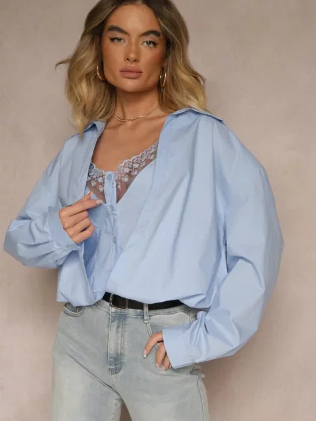 Koszula z Bawełny i Top na Ramiączkach z Koronką Telowena niebieska