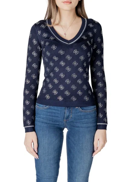 Lekki sweter Guess z dekoltem w serek z dżerseju niebieski