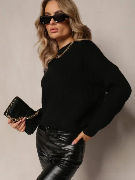 Sweter Golf z Prążkowanej Dzianiny Ervanna czarny