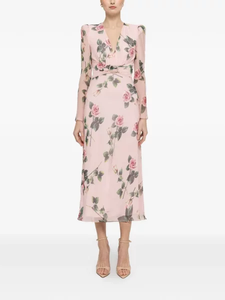 Sukienka midi Nissa z perełkami w kwiatki do kolan różowa
