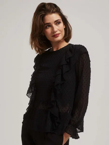 Cămașă Marisse cu volane cu mâneci lungi negru