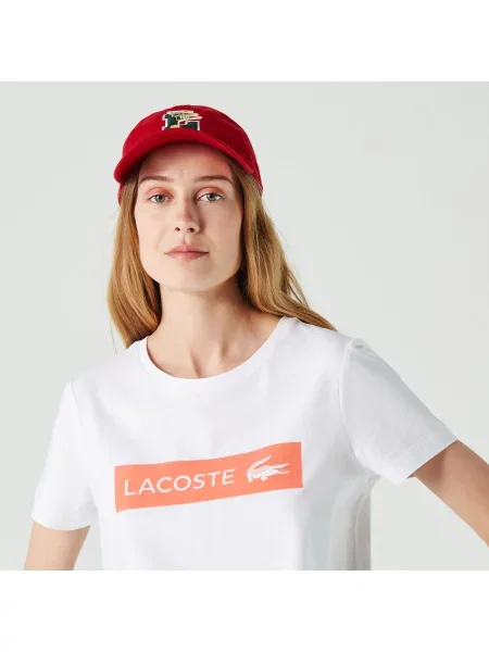Lacoste Kadın Slim Fit Bisiklet Yaka Baskılı Beyaz T-Shirt biała