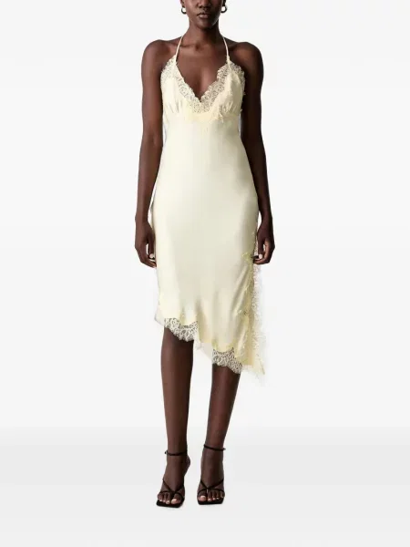 Rochie mini Bardot asimetrică din dantelă galben
