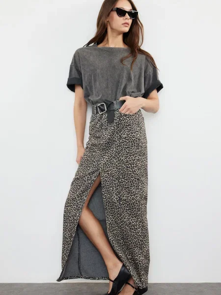 Fustă din denim Trendyol cu model leopard până la genunchi negru