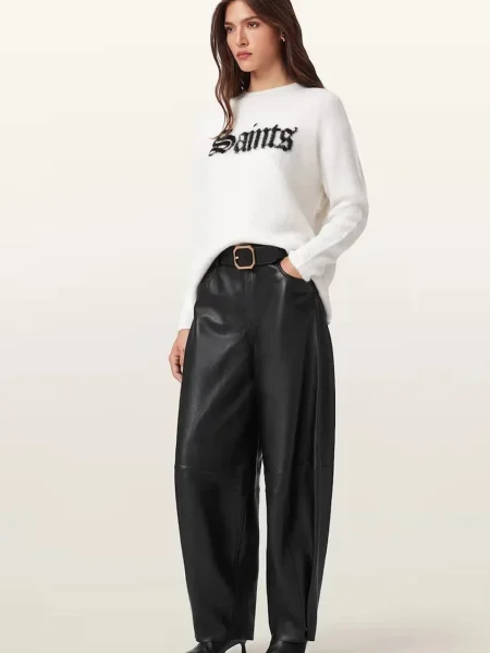 AllSaints pantaloni de piele JETT lat high waist negru