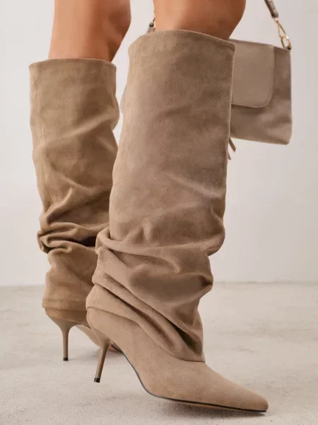 Cizme Slouchy cu efect plisat cu textură de piele întoarsă cu jos Camosin închis bej
