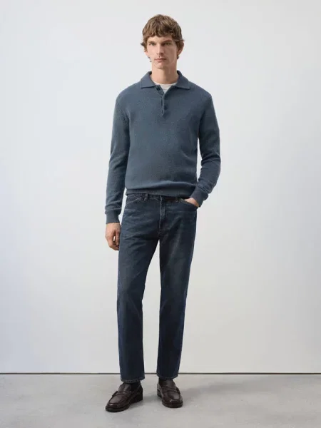 Sweter polo z mieszanki wełny i kaszmiru indygo Mężczyzna XXL MANGO MAN niebieski