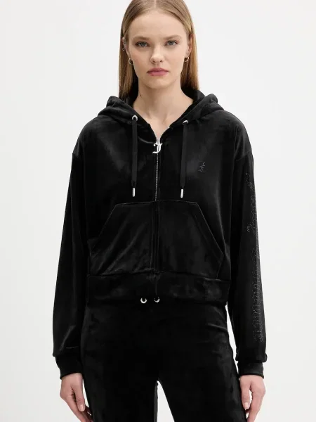 Juicy Couture bluză din velur cu glugă uni negru
