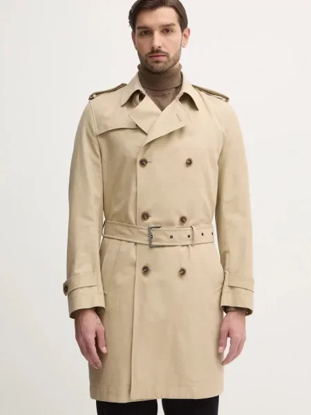 Шлифер BOSS мъжки преходен модел с двуредно закопчаване бежово