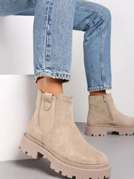 Botine stil Chelsea pe talpă groasă Liraelia bej