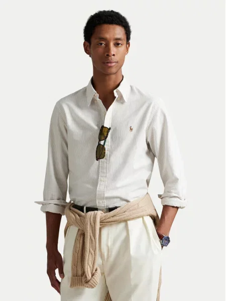 Ralph Lauren Koszule Mężczyzna Żółty Paski Oxford Koszula Beige/Khaki beżowa