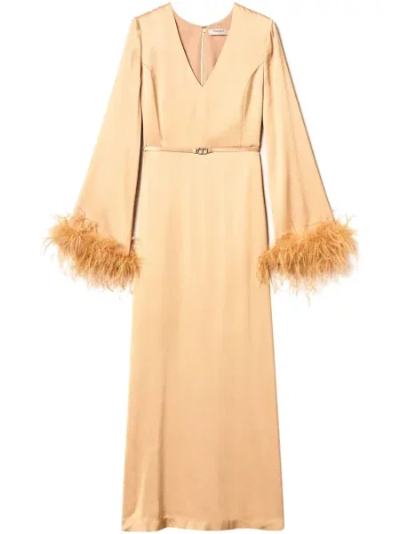 Rochie maxi Twinset din satin cu pene de costum portocaliu