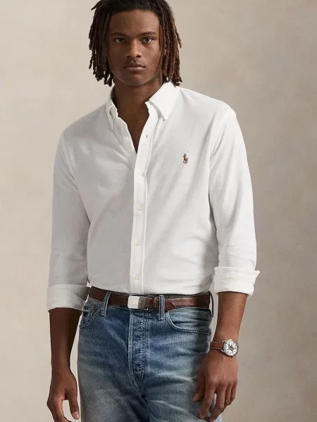 Риза Polo Ralph Lauren със стандартна кройка с яка с копче бяло