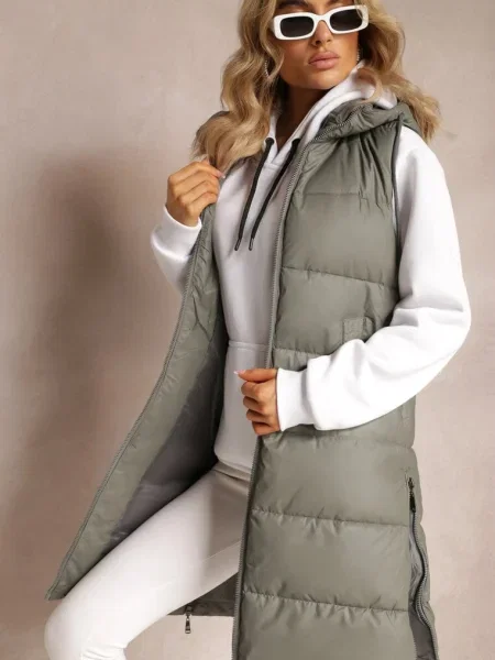 Vestă lungă matlasată cu glugă nedetașabilă Faelissa gri