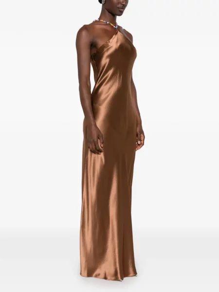 Rochie maxi Staud din satin cu mărgele cu bretele maro